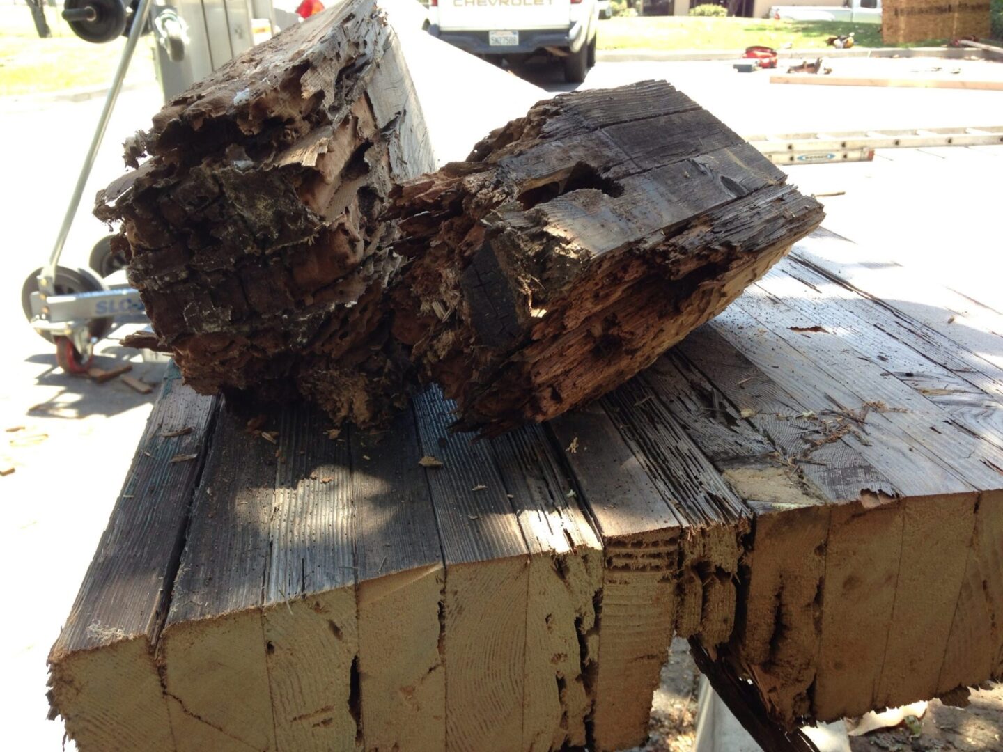 A piece of wood that has been cut in half.