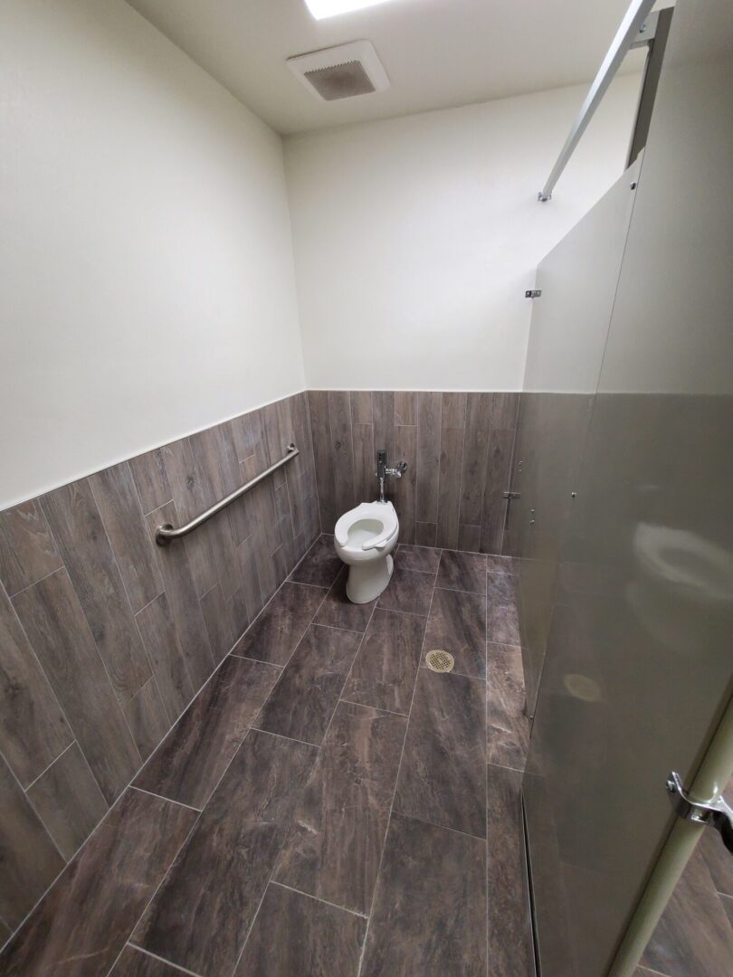 A bathroom with a toilet and a wall mounted grab bar.