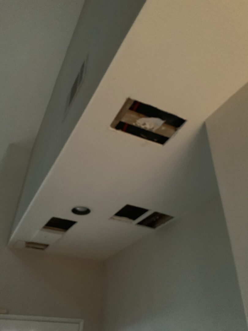 A ceiling with two lights and one light on.