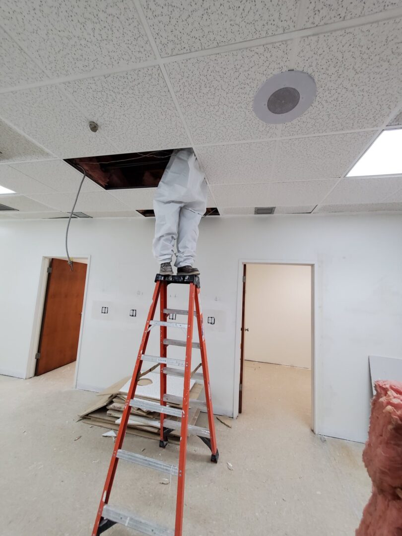 A man standing on top of a ladder.