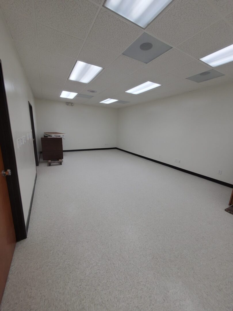 A room with white walls and ceiling lights.